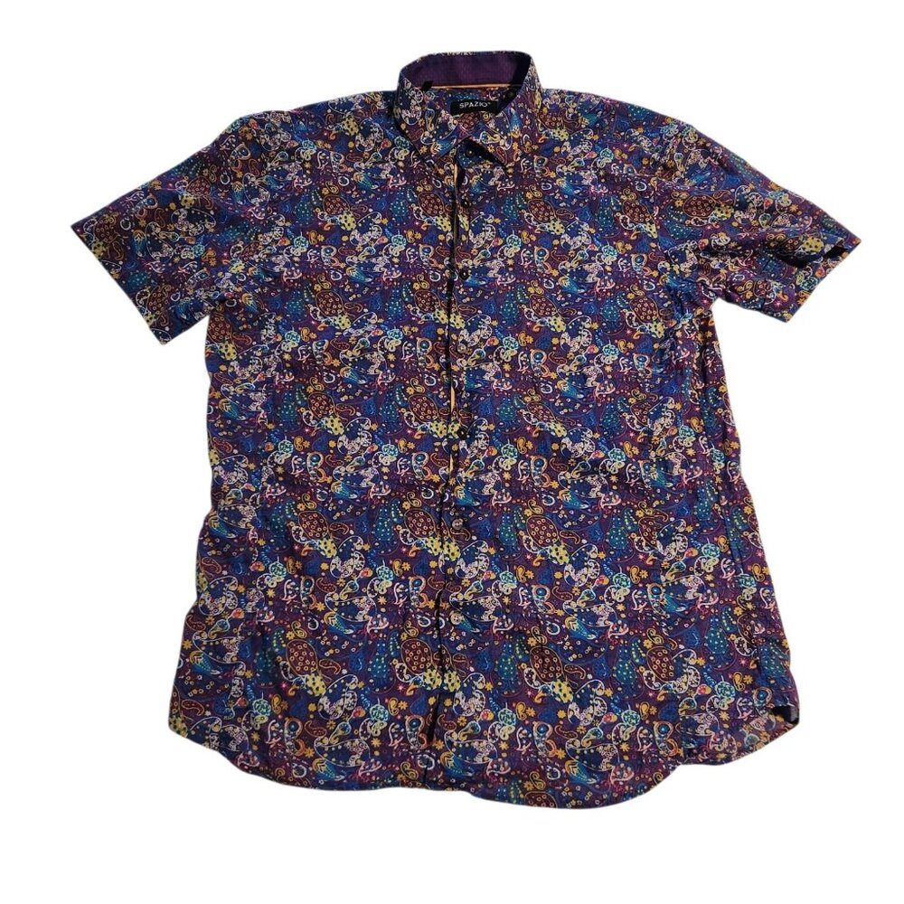Spazio Uomo Shirt Purple Multicolor Paisley Short Sleeve Colorful Mens Large